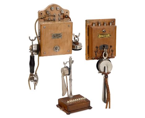 3 französische Haustelephone1) Wandtelephon, um 1910, System Burgunder, Obstholzgehäuse, Plakette des Händlers A. Dalloz, Lyo