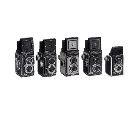 Rolleiflex 3,5 und 4 weitere TLR-KamerasFranke &amp; Heidecke, Braunschweig. 1) Rolleiflex 3,5, Nr. 1122773, um 1950, Zeiss-O