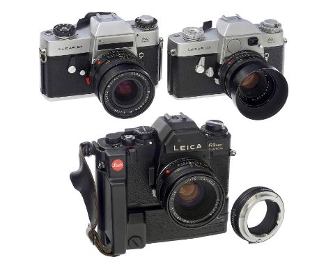 3 x Leicaflex und Summicron-R 2/35 mmLeitz, Wetzlar/Canada. 1) Summicron-R 2/35 mm, um 1979, Nr. 2996947, unter Punktlicht vo