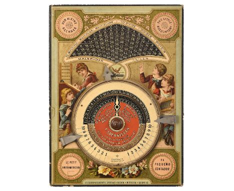 Der kleine Rechner, um 1895Wunderschön gestaltete Rechenscheibe für alle 4 Grundrechenarten von F. Soennecken's Verlag, Bonn,