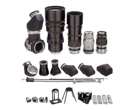 6 Leitz-M39-Objektive und ZubehörLeitz, Wetzlar. 1) Hektor 6,3/2,8 cm Nr. 580215, um 1941, Glas unter Punktlicht gut. (3+/3+)
