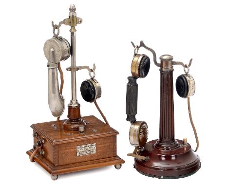 2 französische Tischtelephone1) La Séquanaise Électrique, System Eurieult, um 1910, Nußbaumsockel, Handapparat "Le Duophone" 