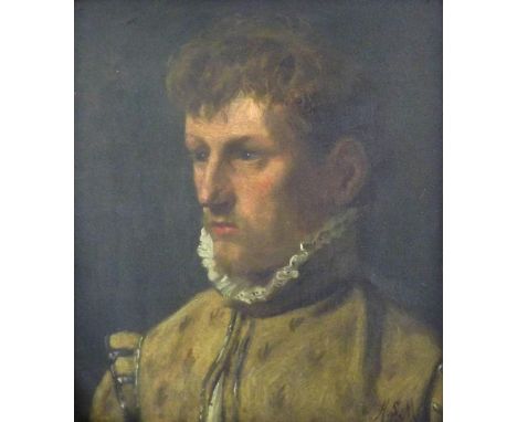 Henry Stacey Marks (1829-1898) - Portrait study of a young man, head and shoulders, wearing medieval costume, signed with ini