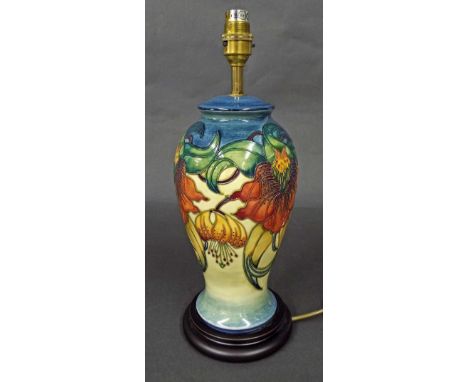 Moorcroft - 'Annalily' baluster table lamp with original shade, the lamp base 10.5" high, 23" high in total 