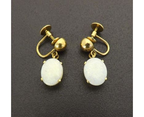 Pair of yellow gold opal drop earrings, each with single opals 13mm x 10mm, drop 26mm 