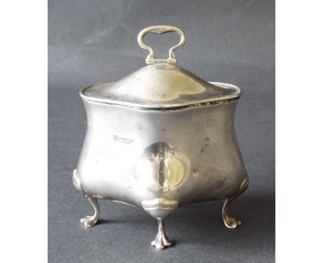 Edwardian bombé silver caddy with hinged lid and paw feet, maker James Deakin & Sons, Chester 1905, 5" high, 4.5oz approx