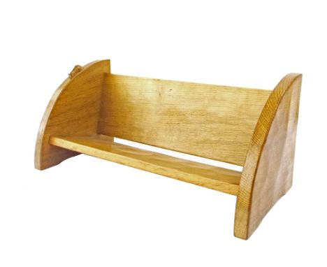 Robert 'Mouseman' Thompson golden oak book trough/shelf with carved mouse detail, 18.25" wide x 8" high