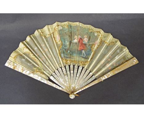 Cased mother of pearl and silk stick brisé fan, painted with a romantic scene, the box inscribed 'J. Duvelleroy, Paris', 10" 