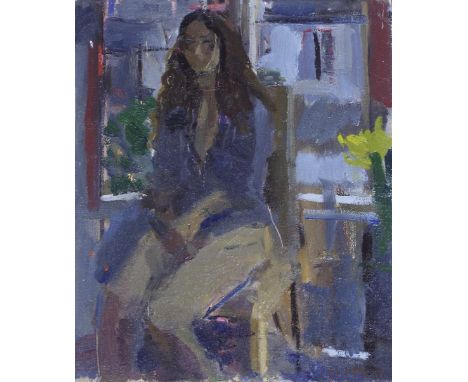 Bo Hilton (b. 1961) - portrait of a seated girl with daffodils, signed, oil on canvas, 12" x 10", framed