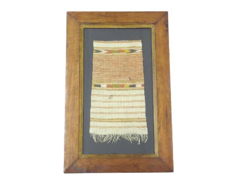 Inca textile fabric decorated with coloured bands upon a cream cloth ground, the cloth 14" x 8", framed