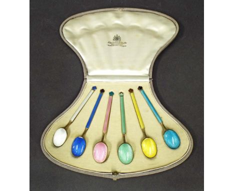 Attractive set of six Norwegian 925 gilt metal and guilloche enamel teaspoons, each topped with a floral finial, maker Henry 