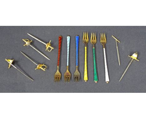 Set of six Danish gilt white metal and guilloche enamel fruit forks; together with a collection of six cocktail picks in the 