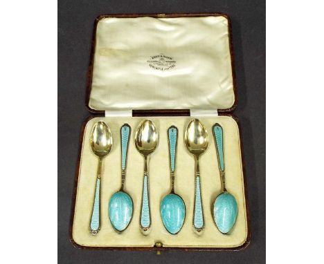 Set of six Art Deco silver-gilt and guilloche enamel teaspoons, maker William Suckling Limited, Birmingham 1930, cased 6.25" 