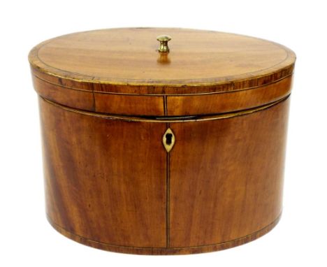 George III satinwood oval tea caddy with rosewood crossbanding, the interior with two divided compartments, 7.25" wide (fault