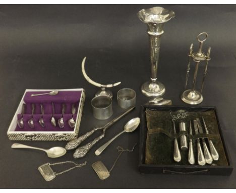 Mixed collection of miscellaneous bijouterie and other silver to include napkin rings, manicure and grooming tools, decanter 