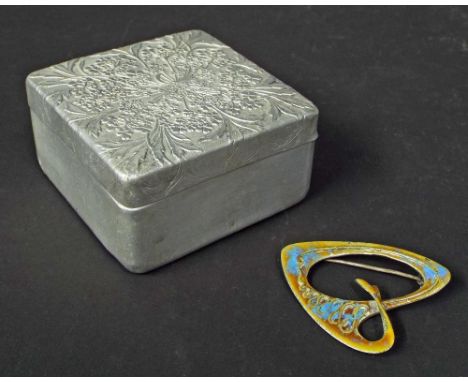 Modernist white metal and enamel brooch of organic form, possibly Danish, 2" long; together with 'Lov-Lor' for Cheramy alumin