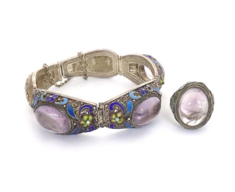 Chinese silver filigree, enamel and rose quartz bracelet, formed from three links with rose quartz cabouchons framed by ename