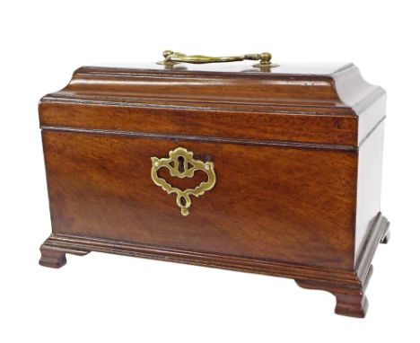 George III mahogany sarcophagus tea caddy, with applied brass swing handle and brass escutcheon enclosing the interior with t