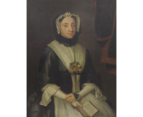 English School (18th century) - Portrait of a lady, three-quarter length, holding a book in her right hand, her bodice decora