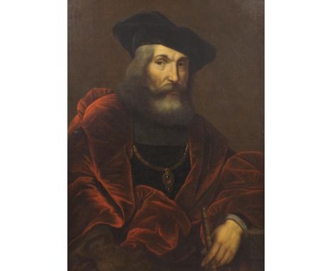 Continental School (18th century) - Portrait of a bearded gentleman, wearing red robes and a black velvet hat, his black shir