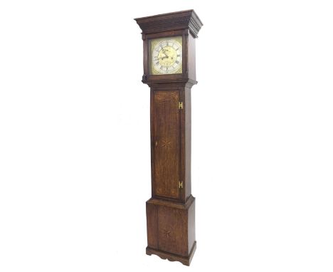 Oak eight day longcase clock, the 11" square brass dial signed Gabriel Smith to the foliate engraved centre with subsidiary s