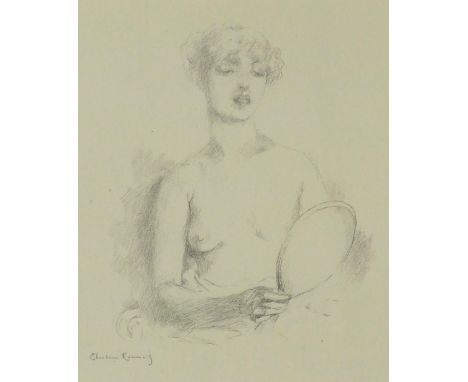 Theodore Roussel (1847-1926) - Portrait of a nude girl, half length, holding a mirror, signed within the plate, also extensiv