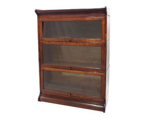 Globe Wernicke type mahogany three section bookcase with glazed rising fronts, 34" wide