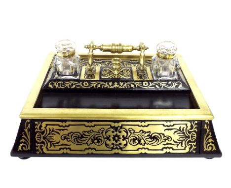 Good 19th century French boulle work ebonised ink stand, of rectangular form with sloped sides, the central fixed brass carry