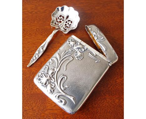 Art Nouveau cast silver card case, decorated in relief with stylised irises, maker Horton & Allday, Birmingham 1902, 4.5" lon