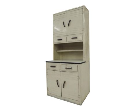 Vintage industrial painted aluminium dresser, the raised back fitted with two cupboard doors and two drawers upon an enamel s