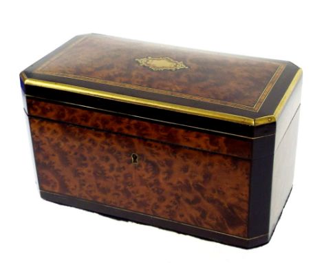 19th century burr yew brass bound tea caddy, of rectangular form with canted corners, the hinged top with rosewood crossbandi