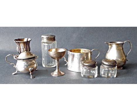 Mixed collection of silver items to include George II silver baluster cream jug, maker JG, London 1728; together with silver 