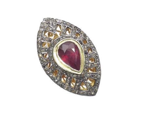 Large gem set and diamond marquise shaped dress cluster ring, the pear shaped ruby in a pierced surround of rose-cut diamonds