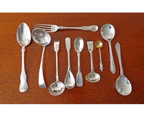 Collection of various antique and later silver spoons to include caddy spoons, sauce ladles, christening spoon and fork etc, 