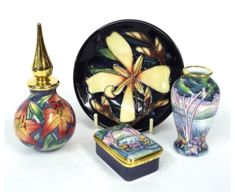 Modern Moorcroft - 'Panache' dish, dated 2004, 4.5" diameter, box; together with three boxed Moorcroft enamel pieces to inclu
