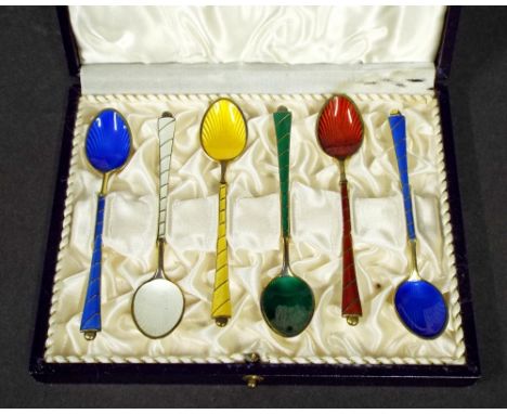 Set of Danish 925 silver-gilt and guilloche enamel coffee spoons, cased 6" wide