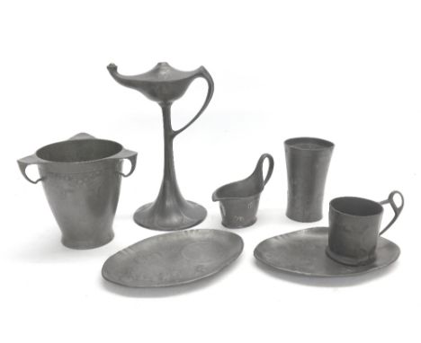 Kayserzinn Art Nouveau pewter whale oil lamp, no. 4439, 8.75" high, Kayserzinn pewter triple handled vase, no. 4334, 5" high,