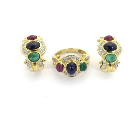 Modern 14k emerald, ruby, diamond and sapphire dress ring and matching earrings, each with three cabouchons in a diamond surr