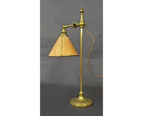 Interesting brass rise-and-fall table lamp in the manner of Benson, with original shade, 20" high