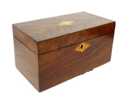 Victorian burr walnut rectangular tea caddy, the top with a paterae and a similar escutcheon enclosing a lidded interior, 9.7