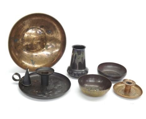 Keswick School of Industrial Arts - copper chamber stick, a smaller version, bulbous vase 4.5" high, W.H Mawson bowl, Dalton 