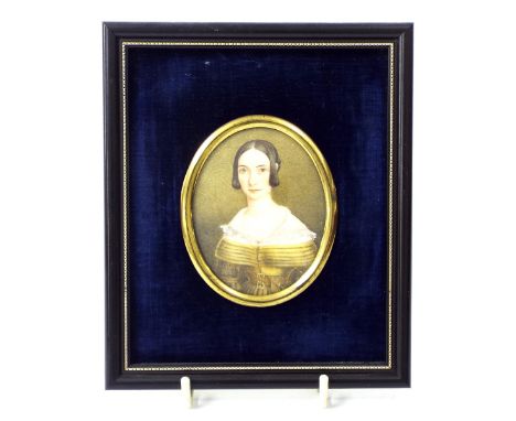 English School - bust portrait of a lady in a yellow dress, work on ivory, inscription verso, oval mount, 3" x 2.25"