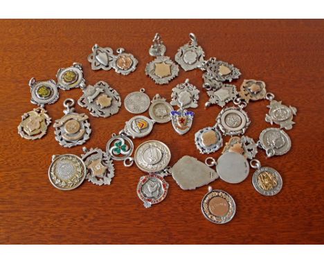 Collection of thirty-two various silver medals and tokens mainly relating to sport, some with gold, others with enamel decora