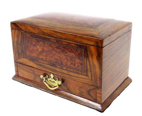 19th century walnut tea caddy with burr yew panels, the hinged top enclosing a fitted interior over a single drawer, 9.25" wi