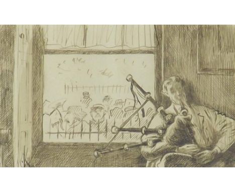 Charles Samuel Keene (1823-1891) - A gentleman seated beside a window playing bagpipes, a band playing other instruments outs