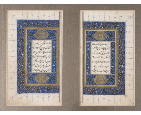 Persia.- Two Safavid School leaves with poetry by Hafiz, inks and opaque pigment, heightened with gold, each leaf approx. 200