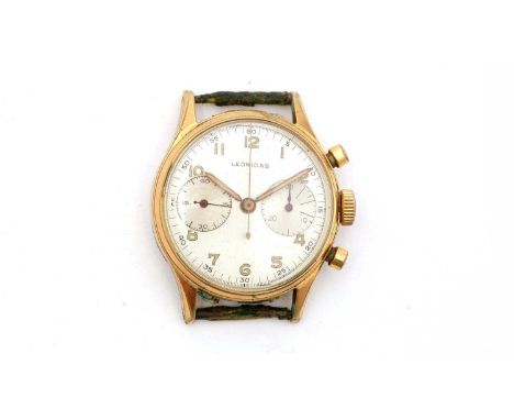 Leonidas: a gilt steel cased manual-wind chronograph wristwatch, the silvered arabic dials with two subsidiary chronograph ap