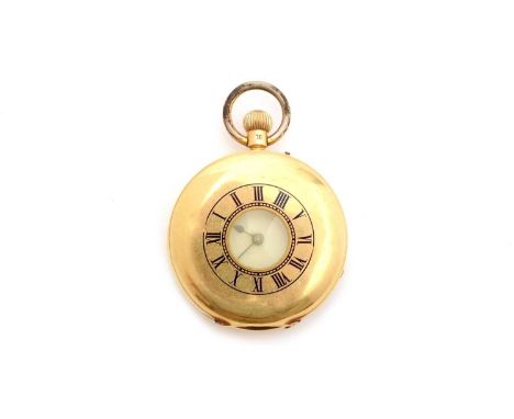 An 18ct yellow gold cased half-hunter fob watch, the outer case with blue enamel roman dial, the inner with white enamel roma
