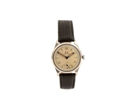 Omega: a steel case manual-wind wristwatch, the silvered dial with arabic and triangular-baton numerals with subsidiary secon