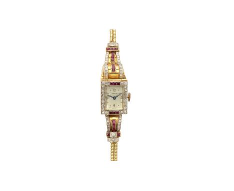 Tarema: an Art Deco ruby and diamond set manual wind cocktail watch, the Arabic and dot dial fitted 15-jewel antimagnetic mov